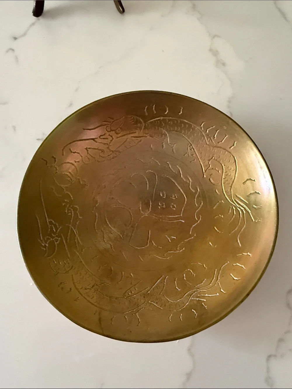Vintage Brass Shallow Etched Dragon Dish on Brass Easel Small